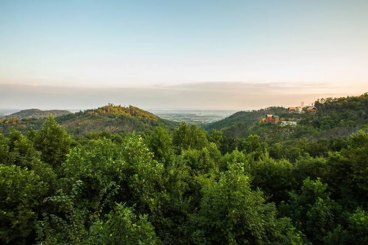 The hero image showcases a breathtaking panoramic view of rolling hills and lush green trees stretching across the mountains, with a few charming cabins visible in the distance under an expansive, serene sky. The tranquil setting evokes a sense of peace and connection with nature, perfect for relaxing getaways and outdoor adventure.